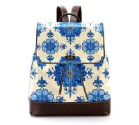 Women’s Flap Backpack Purse Seamless Ethnic Blue Flowers on a Beige Background PU Leather Work Travel Rucksack Daypack for Ladies Girls