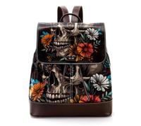 Women’s Flap Backpack Purse Skull and Flowers Day of the Dead on Black PU Leather Work Travel Rucksack Daypack for Ladies Girls