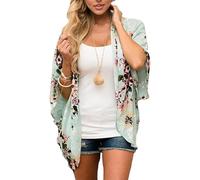 Women’s Floral Chiffon Cardigan - Lightweight Kimono Boho Beach Cover Up Shawl for Summer Swimwear, Casual Loose Blouse Green