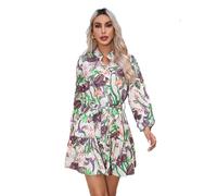 Women’s Floral Shirt Dress Long Sleeve Mini Belted Button Front Summer Holiday Beach Casual Swing Dress Lightweight Tunic UK (A - White - XL)