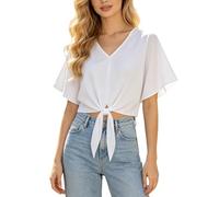 Women’s Flutter Short Sleeve V Neck Cropped Blouse Front Tie Knot Hem Chiffon Casual Top Lightweight Flowy Elegant Shirt Going Out Weekend Holiday Wear