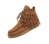 Women’s Fringe Ankle Boots, Suede Moccasin Style Lace up Flats, Soft Faux Suede Boots with Studded Tassel Trim, Comfortable Cushioned Insole, Anti Slip Rubber Sole, Retro Western Design