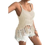 Women‘s Fringe Cami Western Cowgirl Tassel Tank Tops Sleeveless V-Neck Crochet Crop Top Boho Knitted Spaghetti Vest (Beige,XL)