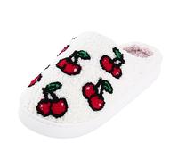 Women’s Fruit Embroidered Plush Slippers, Soft Memory Foam Indoor Mules with Anti-Slip Rubber Sole, Lightweight Cosy Ladies Slip-On House Shoes, Winter Warm Pineapple Peach Cherry Design