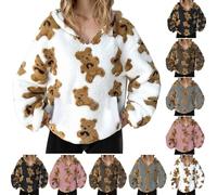 Women’s Fuzzy Hoodie with Teddy Bear Print Long Sleeve Sweatshirt Pullover with Pocket Ladies Warm Jumper Cozy Streetwear Top for Daily Wear Home Work or Casual Outfits