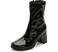 Women’s Go Go Ankle Boots - 1960s 1970s Retro Mod Patent Leather Mid Calf Boots, Chunky Low Block Heel, Side Zip Vintage Fashion Boots for Women, UK Size 3-8, Black Patent-5 UK