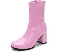 Women’s Go Go Ankle Boots - 1960s 1970s Retro Mod Patent Leather Mid Calf Boots, Chunky Low Block Heel, Side Zip Vintage Fashion Boots for Women, UK Size 3-8, Pink Patent-8 UK