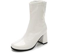 Women’s Go Go Ankle Boots - 1960s 1970s Retro Mod Patent Leather Mid Calf Boots, Chunky Low Block Heel, Side Zip Vintage Fashion Boots for Women, UK Size 3-8, White Patent-8 UK