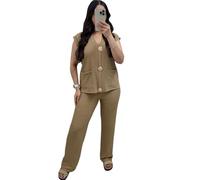 Women’s Gold Button Cheesecloth Tracksuit Set - Ladies Plain V-Neck Plus Size Co Ord Sets Summer Sleeveless Waistcoat with 2 Pockets Stretch Trousers Womens 2PC Set UK (Camel 12-14)