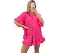 Women’s Gold Button Pleated Short Sleeve Collared Two Piece Co ord Set Ladies Casual Loose Fit Oversized Baggy Plus Size Swing Summer Crinkle Top and Short Set (Cerise, UK 18)