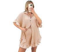 Women’s Gold Button Pleated Short Sleeve Collared Two Piece Co ord Set Ladies Casual Loose Fit Oversized Baggy Plus Size Swing Summer Crinkle Top and Short Set (Stone, UK 14)