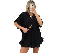 Women’s Gold Button Pleated Short Sleeve Collared Two Piece Co ord Set Ladies Casual Loose Fit Oversized Baggy Plus Size Swing Summer Crinkle Top and Short Set (Black, UK 18)