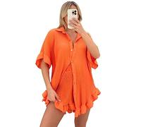 Women’s Gold Button Pleated Short Sleeve Collared Two Piece Co ord Set Ladies Casual Loose Fit Oversized Baggy Plus Size Swing Summer Crinkle Top and Short Set (Neon Orange, UK 14)