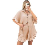 Women’s Gold Button Pleated Short Sleeve Collared Two Piece Co ord Set Ladies Casual Loose Fit Oversized Baggy Plus Size Swing Summer Crinkle Top and Short Set (Stone, UK 14)