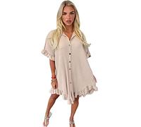Women’s Gold Button Pleated Short Sleeve Plain Collared Frill Hem Ladies Casual Loose Fit Oversized Baggy Plus Size Swing Summer Crinkle Dresses for Women (Beige, UK 18)