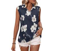 Women‘s Golf Polo Shirts, Sleeveless Tennis Golf Top, Cherry Blossoms Branches Vintage Beautiful Flowers Quick Dry Work Gym Sports T-Shirt with Buttons, Navy