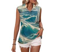 Women‘s Golf Polo Shirts, Sleeveless Tennis Golf Top, Coast Huge Waves Sailboat Illustration Quick Dry Work Gym Sports T-Shirt with Buttons, Blue