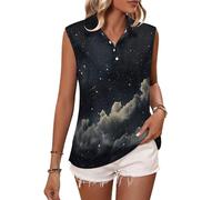Women‘s Golf Polo Shirts, Sleeveless Tennis Golf Top, Night Sky Celestial Bodies Galaxy Quick Dry Work Gym Sports T-Shirt with Buttons, Black