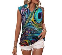Women‘s Golf Polo Shirts, Sleeveless Tennis Golf Top, Psychedelic Starry Sky Peacock Feather Quick Dry Work Gym Sports T-Shirt with Buttons, Lake Blue