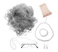Women’s Halloween Grandma Costume Set Curly Wig Glasses Chain
