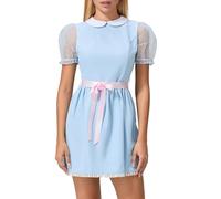 Women’s Halloween Twin Costume Cute Doll Collar Puff Sleeve Short A Line Dress Carnival Theme Party Fancy Dress (A-Blue Pink, M)