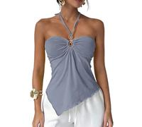 Women’s Halter Neck Asymmetric Top, Gold Ring Ruched Bust Cami Sleeveless Backless Tie Knot Summer Blouse, Flowy Hankerchief Hem Camisole Ladies Ruched Halter Neck Tops Ring Tie Backless Y2k Top