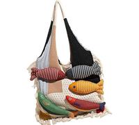 Women’s Handmade Knitted Tote Bag with Colorful Patchwork, 3D Fish Decor & Boho Fringe Trim, Bohemian Style Shoulder Bag for Daily Use, Travel, Boho Fashion, and Unique Gifts (Large,white)