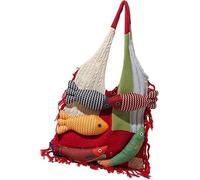 Women’s Handmade Knitted Tote Bag with Colorful Patchwork, 3D Fish Decor & Boho Fringe Trim, Bohemian Style Shoulder Bag for Daily Use, Travel, Boho Fashion, and Unique Gifts (Large,red)