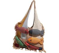 Women’s Handmade Knitted Tote Bag with Colorful Patchwork, 3D Fish Decor & Boho Fringe Trim, Bohemian Style Shoulder Bag for Daily Use, Travel, Boho Fashion, and Unique Gifts (Large,brown)