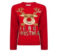 Women’s Happy Rudolph Motif Novelty Sequinned 3D Pom Pom Christmas Jumper in Tokyo Red - Merry Christmas - 12