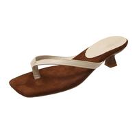 Women’s Heels Flip Flops lip On Open Toe ow Heels Square Toe Slide Summer Fashion a y Heeled Dress Sandals for Women Thong Heeled Shoes (Beige, 7.5)