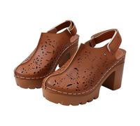 Women’s High Heeled Clogs Mules with Back Strap size 7.5 Closed Toe Slingback Chunky Block High Heel Sandals Slip on Vintage Platform Mules Sling Back Shoes Daily Comfortable Casual 03#_Brown Gift