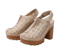 Women’s High Heeled Clogs Mules with Back Strap size 7 Closed Toe Slingback Chunky Block High Heel Sandals Slip on Vintage Platform Mules Sling Back Shoes Daily Comfortable Casual 01#_Beige Gift