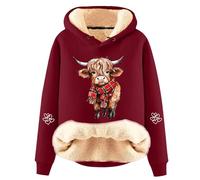 Women’s Highland Cow Christmas Hoodie, Sherpa Fleece Lined Sweatshirt, Cute Warm Winter Thick Pullover Jumper, Novelty Xmas for Her, Ladies Soft Fluffy Hooded Top (XL) Wine