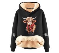 Women’s Highland Cow Christmas Hoodie, Sherpa Fleece Lined Sweatshirt, Cute Warm Winter Thick Pullover Jumper, Novelty Xmas for Her, Ladies Soft Fluffy Hooded Top (Black, L)