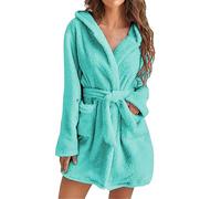 Women’s Hooded Short Dressing Gown Fleece Robe - Plush Soft Mid Length Bathrobe with Belt & Pockets, Fluffy Velvet Loungewear Winter Warm Spa Robe Durable Stitching Easy Care
