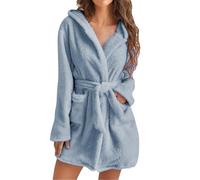 Women’s Hooded Short Dressing Gown Fleece Robe - Plush Soft Mid Length Bathrobe with Belt & Pockets, Fluffy Velvet Loungewear Winter Warm Spa Robe Durable Stitching Easy Care