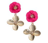 Women’s Hot Pink 3D Double Flower Drop Earrings, Two-tone Bohemian Statement Floral Earrings, Trendy Bohemian Earrings Jewelry for Women