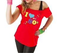 Women’s I Love The 80s T Shirt Off Shoulder Lightweight Style Top Ladies Pop Festivals Cap Sleeves Disco Style Bardot Retro Popstar Basic Shirt UK 8-26 Red