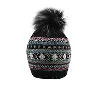 Women’s Jacquard Fair Isle Knitted Bobble Hat with Faux Fur Pom Pom - Black / ONE