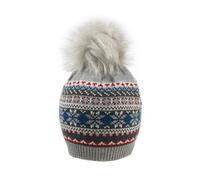 Women’s Jacquard Fair Isle Knitted Bobble Hat with Faux Fur Pom Pom - Dove Grey / ONE