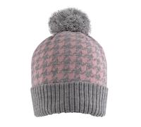 Women’s Jacquard Knitted Bobble Hat with Dogtooth Pattern and Yarn Pom Pom - Dove Grey/Blush / ONE