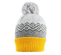 Women’s Jacquard Knitted Bobble Hat with Geometric Pattern and Yarn Pom Pom - DOVE GREY/OCHRE / ONE