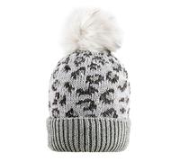 Women’s Jacquard Knitted Bobble Hat with Leopard Print Pattern and Faux Fur Pom Pom - DOVE GREY / ONE