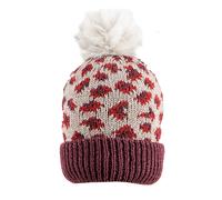 Women’s Jacquard Knitted Bobble Hat with Leopard Print Pattern and Faux Fur Pom Pom - PLUM / ONE