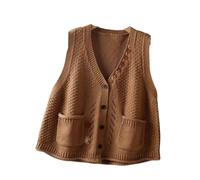 Women’S Jacquard Sleeveless Sweater Vest Knitted Pullover, Retro Tan V Neck Sweater Vest With Pocket Buttoned Cardigans Waistcoat Knitted Jumper Gilets Knitwear,M
