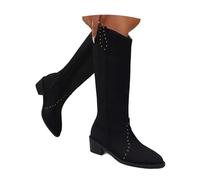 Women’s Knee High Boots with Studded Detailing, Faux Suede Riding Boots Ladies Flat Low Heel Long Boots, Pointed Toe Zip up Design, Stretch Shaft Slim Fit, Soft Lining and Non-slip Sole