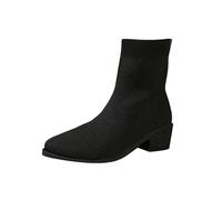 Women’s Knit Ankle Boots - Stretch Fabric Block Heel Sock Boots with Sleek Square Toe, Soft Breathable Comfortable Short Boots to Pair with Skinny Jeans and Oversized Coats in Autumn and Winter