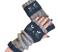Women’s Knitted Fingerless Gloves with Cat Embroidery, Vintage Cat Themed -Thick Warm Winter Gloves, Women Warm Winter Wool Mittens, Knit Stretchy Gloves Stocking Stuffers for Women Gifts (Blue)