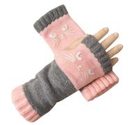 Women’s Knitted Fingerless Gloves with Cat Embroidery, Vintage Cat Themed -Thick Warm Winter Gloves, Women Warm Winter Wool Mittens, Knit Stretchy Gloves Stocking Stuffers for Women Gifts (Pink)